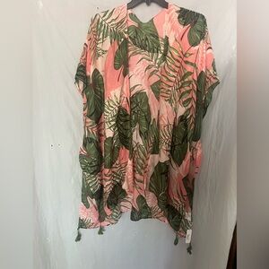 New women pink & green kimono with leaf design one size open front lightweight